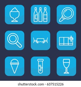 Glass icon. set of 9 outline glass icons such as clean window, ice cream, milkshake, search, wine glass, restaurant table