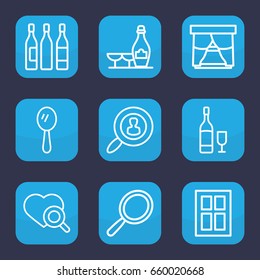 Glass icon. set of 9 outline glass icons such as window, mirror, champagne and wine glasses, heart search