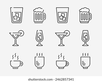 Glass icon set. Basic flat design drink. Water glass, beer mug, alcohol, whiskey, wineglass, cocktail, tea, coffee, cup, soda, ice, beverage sign symbol.