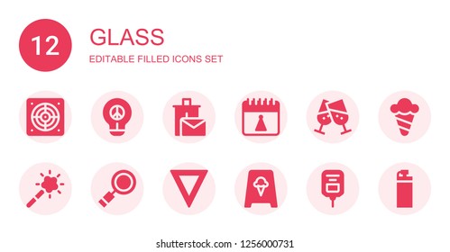 glass icon set. Collection of 12 filled glass icons included Extractor, Idea, Recycle bin, Birthday, Cheers, Magic tool, Search, Water, Ice cream, Saline, Bottle