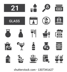 glass icon set. Collection of 21 filled glass icons included Ice cream, Search, Tea, Beer, Feeding bottle, Beer can, Potion, Cocktail, Recycle bin, Ice bucket, Restaurant, Bottle