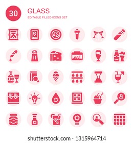 glass icon set. Collection of 30 filled glass icons included Hourglass, Gps, Petri dish, Pipette, Cheers, Salt, Cheese, Terrarium, Beer, Champagne, Search, Ice cream, Bottle rack