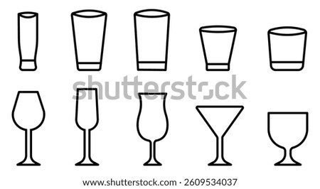 Glass icon set featuring various drinkware styles, including wine glasses, cocktail glasses, shot glasses, and tumblers. Perfect for bar menus, drink illustrations, UI and UX.