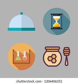 glass icon set. vector set about flasks, hourglass, dinner and honey icons set.