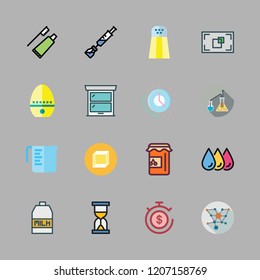 glass icon set. vector set about cube, toothbrush, salt shaker and hourglass icons set.