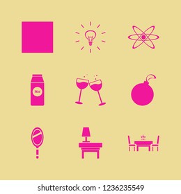 glass icon. glass vector icons set hand mirror, bulb, lamp nightstand and pack milk