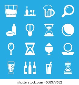Glass icons set. set of 16 glass filled icons such as mirror, powder, hourglass, milkshake, drink and food, beer mug, drink, soda, search, brain bulb