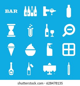 Glass icons set. set of 16 glass filled icons such as bottle, restaurant table, jetway, window, Bar, cleanser, ice cream, milkshake, ampoule, champagne bottle with heart