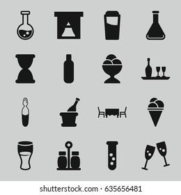 Glass icons set. set of 16 glass filled icons such as bottle, drink, ice cream, ice cream ball, medical ampoule, test tube, champagne, wine bottle and glass, pepper