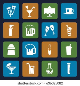 Glass icons set. set of 16 glass filled icons such as spray bottle, beer mug, pepper, drink, cocktail, pipette, medical ampoule, test tube, restaurant table, tea, beer