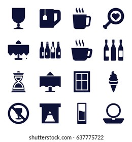 Glass icons set. set of 16 glass filled icons such as bottle, mug, restaurant table, window, powder, ice cream, tea cup, no alcohol, fragile cargo, hourglass, wine glass