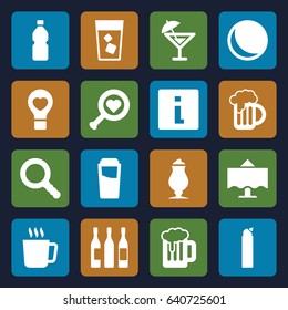 Glass icons set. set of 16 glass filled icons such as mug, drink, cleanser, milkshake, bulb heart, search, wine glass, beer mug, restaurant table, bottle, cocktail, beer