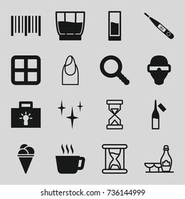 Glass icons set. set of 16 glass filled and outline icons such as window, clean, ice cream, ampule, bar code, thermometer, search, drink, bulb, man in smart glasses, nail