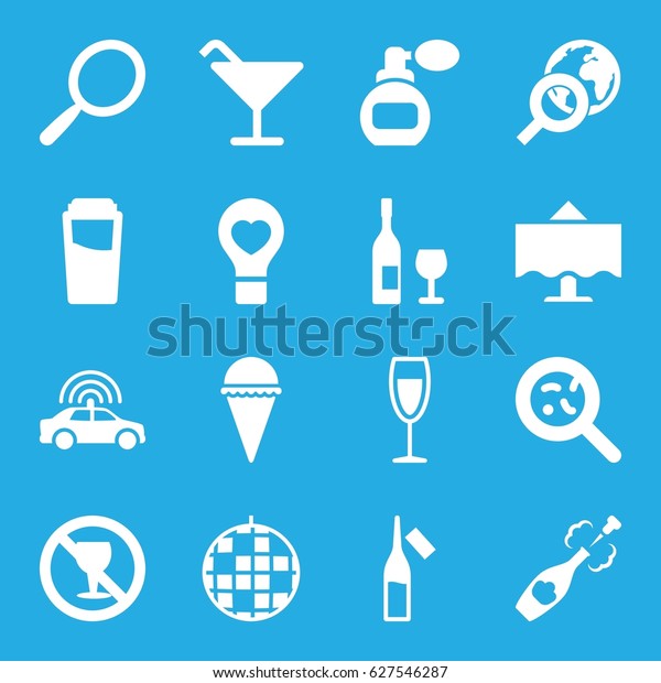 Glass icons set. set of 16\
glass filled icons such as police car, perfume, mirror, drink,\
Cocktail, ice cream, ampoule, bacteria, no alcohol, bulb heart,\
champagne