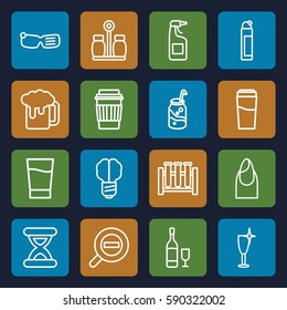 glass icons set. Set of 16 glass outline icons such as drink, nail, cleanser, clean wine glass, soda, zoom out, pepper, wine glass and bottle, beer mug, test tube