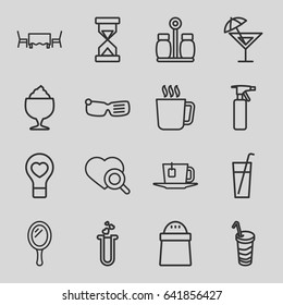 Glass icons set. set of 16 glass outline icons such as mug, mirror, spray bottle, pepper, milkshake, drink, heart search, bulb heart, heart test tube, tea, restaurant table