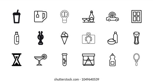 Glass icons. set of 18 editable outline glass icons: hourglass, police car, window, bottle, champagne and wine glasses, cleanser, test tube, ice cream, tea cup, milk glass