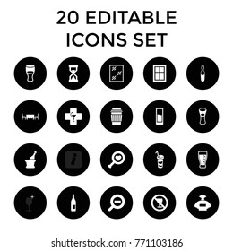 Glass icons. set of 20 editable filled glass icons such as window, perfume, bottle, heart search, drink, milk glass, no alcohol, medical ampoule, pharmacy, champagne, zoom out