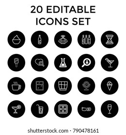 Glass icons. set of 20 editable outline glass icons such as user search, test tube, window, perfume, cocktail, bottle, tea. best quality glass elements in trendy style.