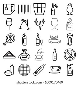 Glass icons. set of 25 editable outline glass icons such as perfume, cocktail, clean, cleanser, bottle, tea cup, milkshake, drink and food, dollar search, ampoule, no alcohol