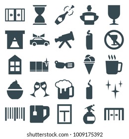 Glass icons. set of 25 editable filled glass icons such as mug, sliding doors, window, spray bottle, clean, cleanser, clean window, telescope, beer mug, ice cream, tea cup