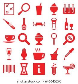 Glass icons set. set of 25 glass filled icons such as pipette, mirror, window, ice cream ball, tea cup, milk glass, milkshake, bar code, champagne bottle with heart