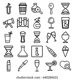 Glass icons set. set of 25 glass outline icons such as pipette, spray bottle, mirror, hourglass, cleanser, ice cream, drink, milk glass, milkshake, test tube, heart search