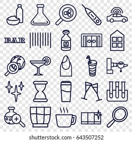 Glass icons set. set of 25 glass outline icons such as sliding doors, police car, jetway, window, mirror, drink, nail, bar, clean, clean window, drink and food, milk, bar code
