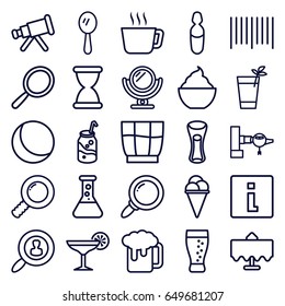 Glass icons set. set of 25 glass outline icons such as restaurant table, jetway, mirror, soda, ice cream, milk glass, milkshake, bar code, medical ampoule, drink, cocktail