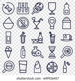 Glass icons set. set of 25 glass outline icons such as bottle, nail, champagne and wine glasses, cleanser, ice cream, pepper, milkshake, drink, ampoule, no alcohol