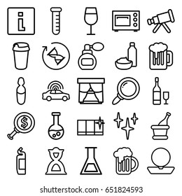 Glass icons set. set of 25 glass outline icons such as police car, perfume, powder, cocktail, clean, cleanser, clean window, drink, drink and food, hourglass, medical ampoule