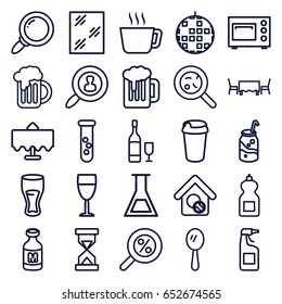 Glass icons set. set of 25 glass outline icons such as restaurant table, mirror, window, cleanser, drink, soda, bacteria, milk, beer mug, home search, wine glass, microwave