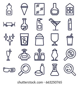 Glass icons set. set of 25 glass outline icons such as window, perfume, cocktail, clean, cleanser, clean wine glass, ice cream, drink, pepper, milkshake, drink and food