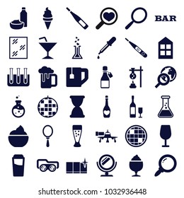 Glass icons. set of 36 editable filled glass icons such as window, pipette, mirror, drink, cocktail, bar, clean window, test tube, disco ball, ice cream, tea cup, milkshake