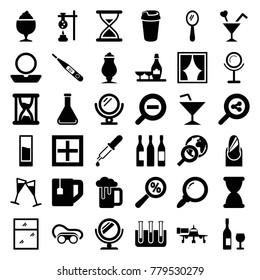 Glass icons. set of 36 editable filled glass icons such as mirror, powder, champagne and wine glasses, welding glasses, test tube, drink, tea cup, milkshake, cocktail, search