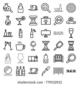 Glass icons. set of 36 editable outline glass icons such as restaurant table, police car, pipette, mirror, nail, bar, cleanser, clean window, tea, tea cup, hourglass, ampoule