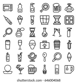 Glass icons set. set of 36 glass outline icons such as window, perfume, mirror, spray bottle, drink, powder, cleanser, ice cream, tea cup, soda, champagne bottle with heart