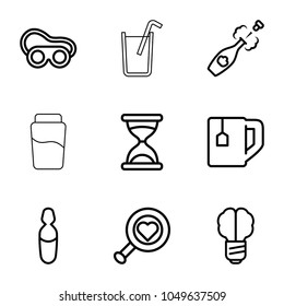 Glass icons. set of 9 editable outline glass icons such as hourglass, welding glasses, heart search, tea cup, brain bulb, medical ampoule, champagne, drink