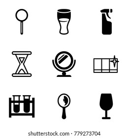 Glass icons. set of 9 editable filled and outline glass icons such as cocktail, drink, test tube, magnifier, clean window, hourglass, mirror