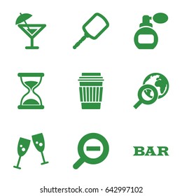 Glass icons set. set of 9 glass filled icons such as perfume, mirror, bar, hourglass, drink, zoom out, cocktail, globe search