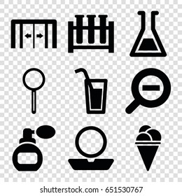 Glass icons set. set of 9 glass filled icons such as sliding doors, perfume, powder, ice cream, magnifier, zoom out, test tube