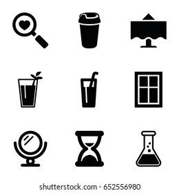 Glass icons set. set of 9 glass filled icons such as window, mirror, drink, heart search, restaurant table, cocktail, hourglass