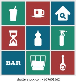 Glass icons set. set of 9 glass filled icons such as spray bottle, bar, cleanser, champagne bottle with heart, home search, drink, tea