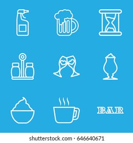 Glass icons set. set of 9 glass outline icons such as bar, cleanser, milkshake, clink glasses, beer mug, pepper, hourglass