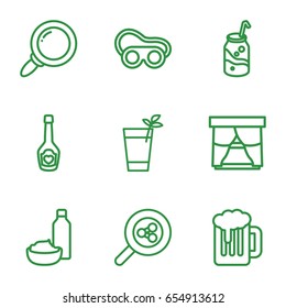 Glass icons set. set of 9 glass outline icons such as welding glasses, soda, drink and food, champagne bottle with heart, cocktail, beer, window, search share