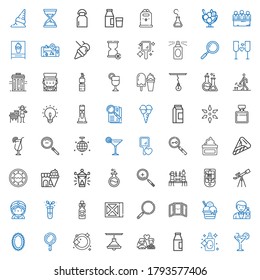 glass icons set. Collection of glass with cocktail, perfume, milk, newlyweds, lamp, dishwashing, search, mirror, barman, ice cream, loupe, wine. Editable and scalable glass icons.