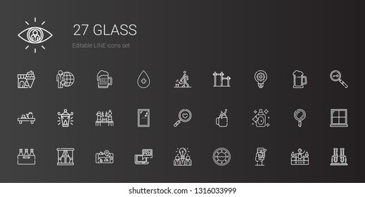 glass icons set. Collection of glass with gps, window, idea, beer, perfume, smoothie, magnifying glass, mirror, oil lamp, tea, bar, watering. Editable and scalable icons.