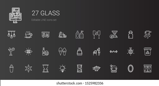 glass icons set. Collection of glass with magician, sauce, hourglass, ideas, science, shaker, bars, water, ice cream, beer, searching, cocktail. Editable and scalable glass icons.