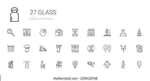 glass icons set. Collection of glass with minerals, search engine, idea, sauce, wine, perfume, soda, ice cream, hourglass, fragile, gps, lamp. Editable and scalable glass icons.