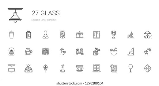 glass icons set. Collection of glass with observe, window, fishbowl, love potion, ice cream, idea, lamp, cocktail, test tube, beer, hourglass. Editable and scalable glass icons.